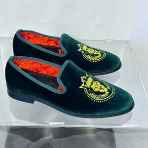 Elanroma Green Velvet Smoking Slippers Lion Crest Embroidered Loafers 41